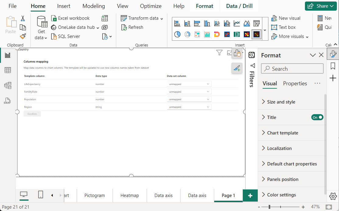 Mapping Power BI columns to template columns